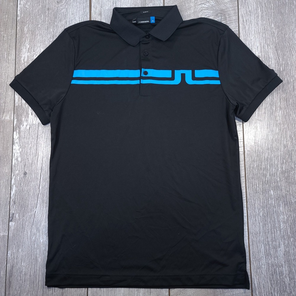 J.Lindeberg Polo Shirt Mens Size Large Black Blue Eddy Slim Fit TX Jersey